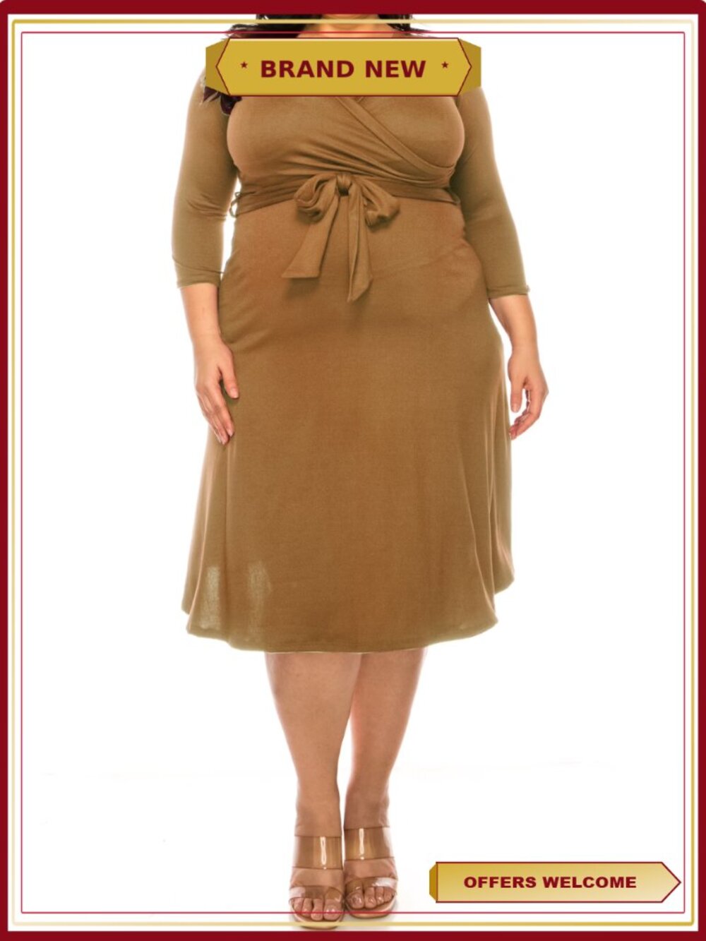Plus Size Wrap Dress 3/4 Sleeve V Neck Waist Tie